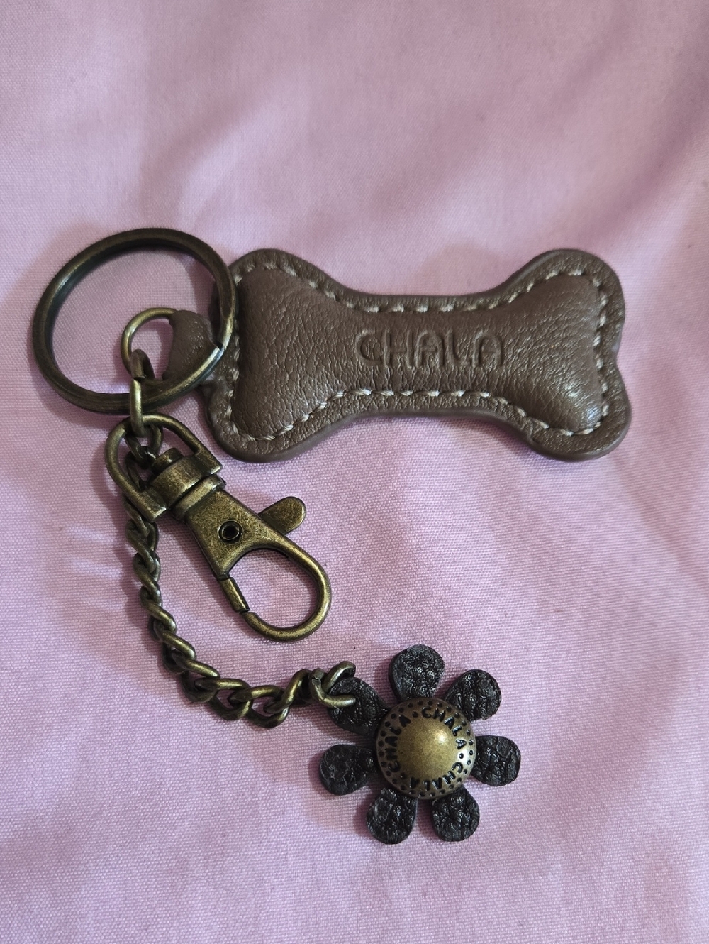 Chala Brown Vegan Leather Bone Keychain with Floral Charm